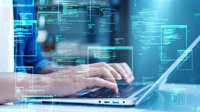 Close-up of hands typing on a laptop with holographic code and digital data interface overlays, symbolizing software development and coding.