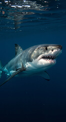 Fototapeta premium A great white shark swims underwater near the surface with mouth open in the ocean from a low angle viewpoint