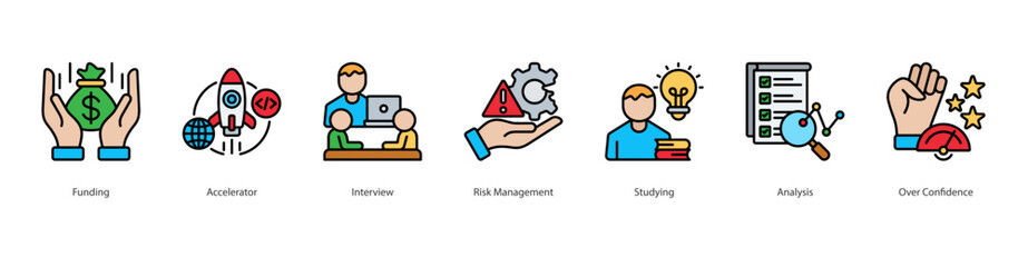 Evaluation Process icon sheet vector funding, accelerator, interview, risk management, studying, analysis, over confidence