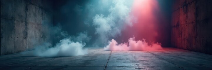 Obraz premium Dark studio, fog-filled concrete floor, dramatic spot lighting, texture, illustration