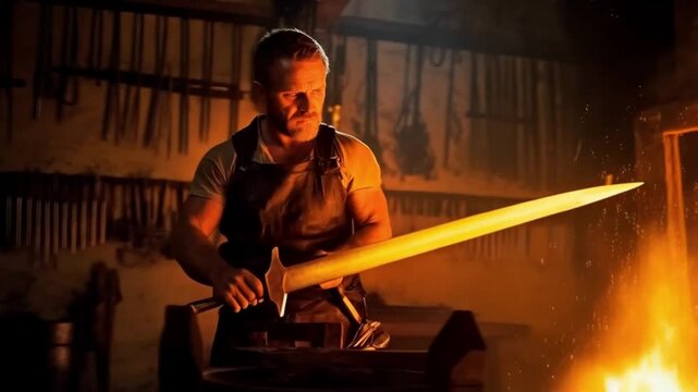 A man is forging a sword in a workshop