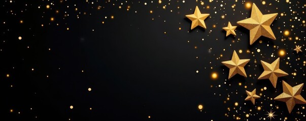 Gold glitter stars on black, sparkling festive backdrop , night, abstract