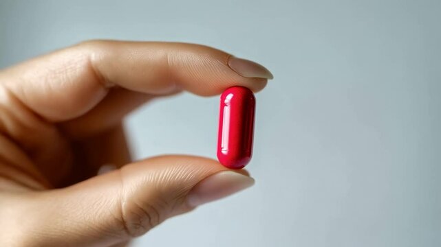 Holding a red capsule displaying strong in a close-up view highlighting its color and texture