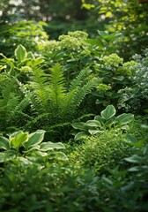 Lush Green Garden with Ferns and Hydrangeas