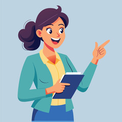 Happy stylist young woman pointing at copy space
