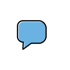 Logo Flat vector style message chat icon. Sky blue fill, bold black outline. Geometric shapes, clean lines. Centrally positioned on a white background, achieving visual balance and symmetry