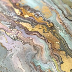 Captivating Metallic Fluid Art with Pastel Tones and Organic Swirls