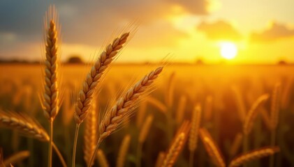 Naklejka premium Sun-drenched wheat stalks sway gently in evening glow, evening, peaceful