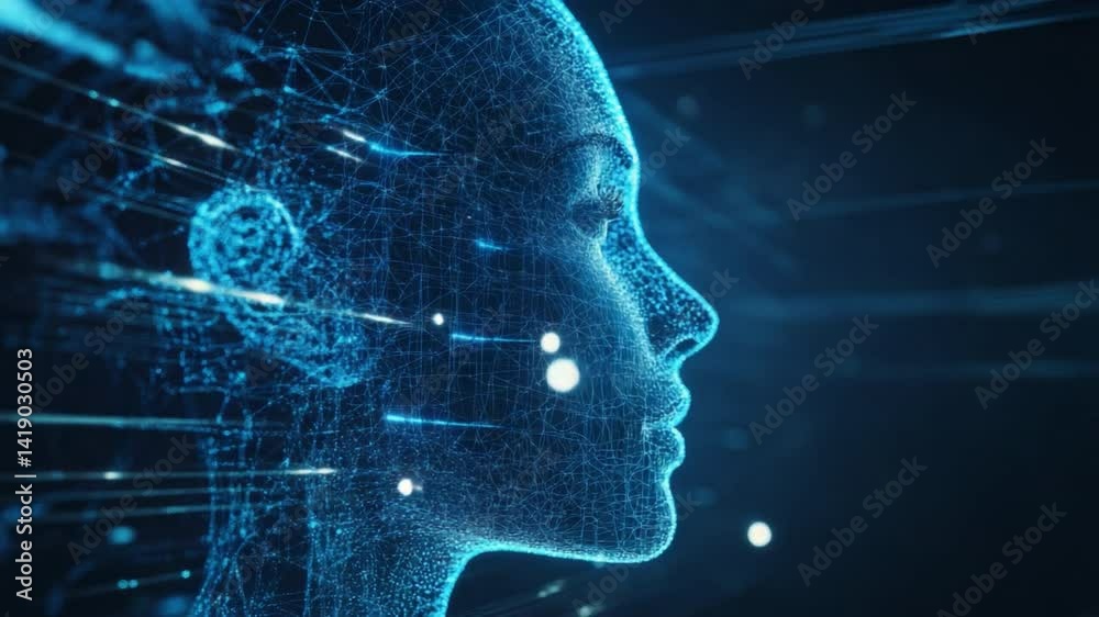Poster digital blueprint: a mesmerizing fusion of technology and humanity, where an ethereal human profile 