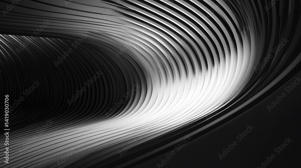 Poster abstract grayscale image featuring a dynamic, curving three dimensional form. the design incorporate