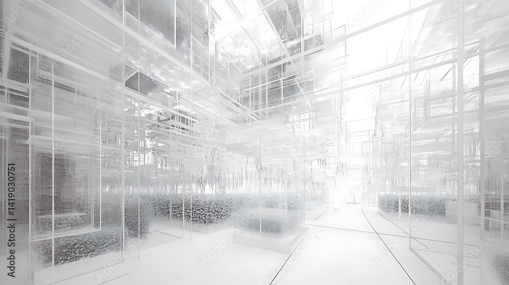 Poster abstract grayscale image depicting a complex network of interconnected structures, resembling a futu