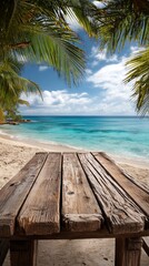 Fototapeta premium Wooden beach table overlooking turquoise ocean with palm trees
