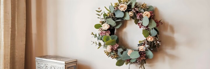 Rustic wreath with eucalyptus and white blossoms hanging on neutral textured wall – Great for home styling, holiday decor, or rustic-inspired design themes.