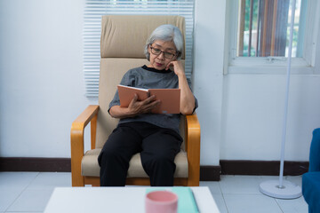 Relaxed senior woman enjoying the tranquility of reading a book while seated in an armchair at...