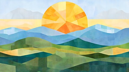 Abstract landscape illustration featuring a vibrant sunrise over a range of stylized mountains. The artwork uses a patchwork technique with various shades of blue, green, and yellow. The sun is