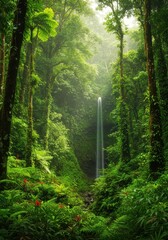 Obraz premium Lush Green Rainforest Waterfall Scene