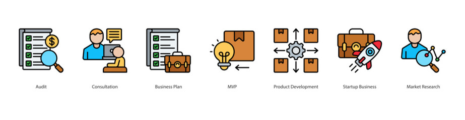 Startup Development icon sheet vector audit, consultation, business plan, mvp, product development, startup business, market research