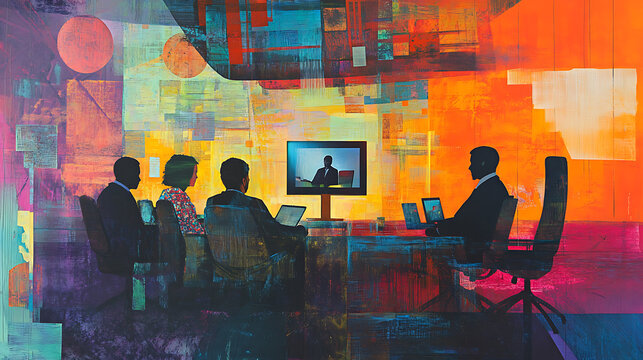 Employees collaborating via video conference in a hybrid work environment 