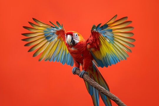 Perched on a sturdy branch, a colorful parrot flaps its wings energetically against a background of warm red and orange hues