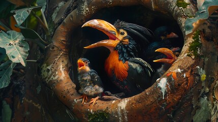 Vibrant Hornbill Family Nesting in Natural Habitat with Chicks Calling for Food