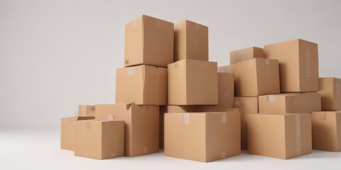 Several empty brown cardboard boxes arranged on a pure white backdrop , shot, eco
