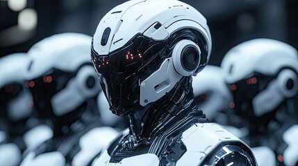 Futuristic white robotic army lined up in formation.