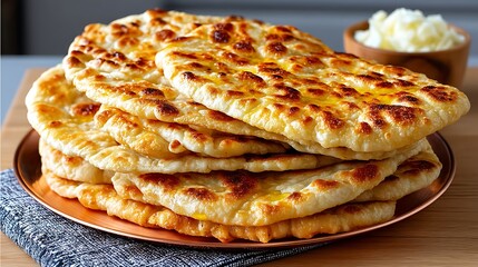 Golden Brown Flatbreads Stacked High Delicious Homemade Bread Butter Drizzled Close Up Food