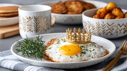 Gourmet Breakfast Fried Egg with Crown Pancakes Potatoes Stylish Table Setting