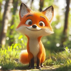 Obraz premium Cute cartoon fox sits in forest clearing, sunlight