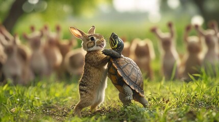 Obraz premium Rabbit hugs turtle; chicks in background; nature scene; greeting card