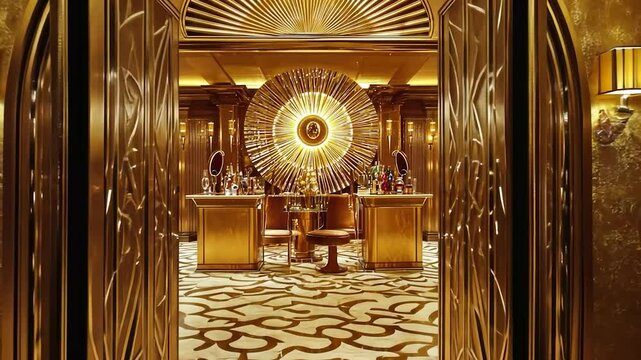 Gold Deco Bar Entrance, luxurious interior, ornate details, extravagant background