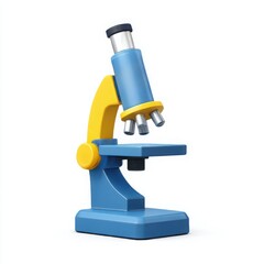 Fototapeta premium A cartoon microscope with blue base yellow arm and silver lenses isolated on a white background studio shot