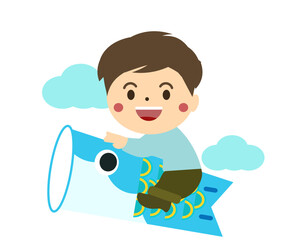 こどもの日の鯉のぼりと男の子。ベクターイラスト	
