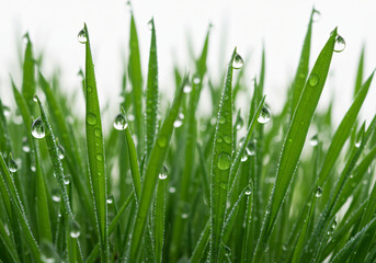 Dew Drops on Green Grass Blades Stock Photo
