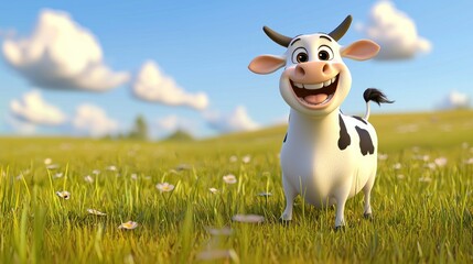 Cartoon cow smiles in a meadow; sunny day background
