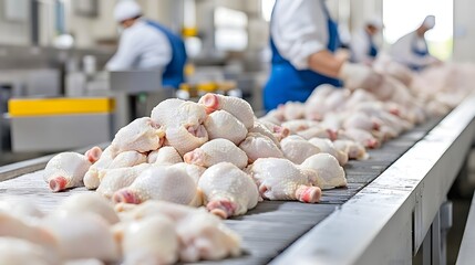 A close up view of perfectly arranged frozen chicken pieces meticulously organized on an industrial conveyor belt showcasing the efficiency and precision of food processing and production technology