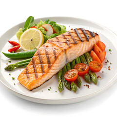 Grilled Salmon Fillet with Fresh Vegetables and Lemon Slice on White Plate – Healthy Gourmet Meal