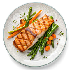 Grilled Salmon Fillet with Fresh Vegetables and Lemon Slice on White Plate – Healthy Gourmet Meal