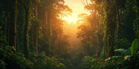 Obraz premium Lush Tropical Forest at Sunset with Golden Sunlight