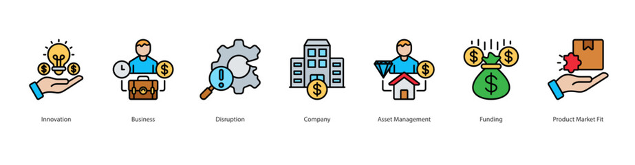 Startup Innovation icon sheet vector innovation, business, disruption, company, asset management, funding, product market fit