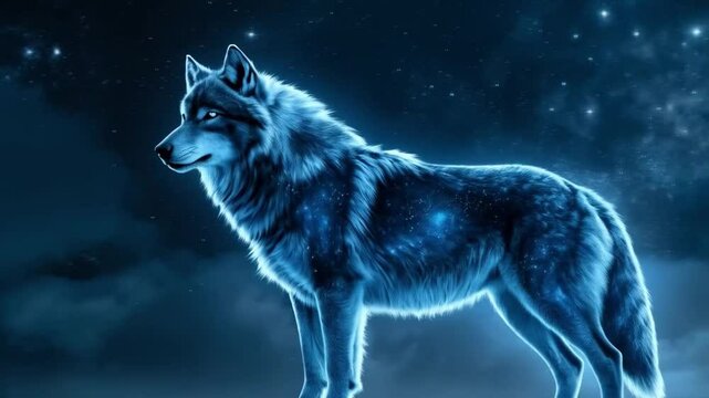 A wolf standing in the night sky with stars and clouds