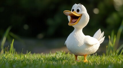 Obraz premium Cartoon duck in grass, outdoor scene, happy expression
