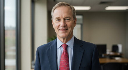 Fototapeta premium A confident, mature businessman exudes professionalism and success in a modern office setting with soft lighting and a blurred background.