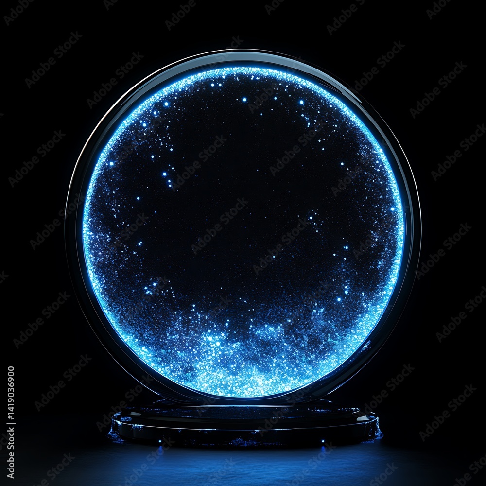 Poster abstract image of a glowing blue circular portal or sphere on a dark background. the sphere is fille