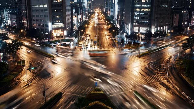 City Lights Intersection: Night Traffic Blur, Urban Grid.