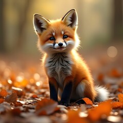 A baby fox playing with leaves, photorealistic lighting