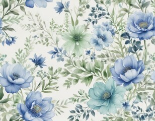 Subtle blue and green watercolor flowers, intricate creamy white background  , watercolor flowers, vintage style