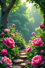 Fototapeta premium Whimsical Peony Garden Scene , flowers, illustration