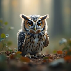 Obraz premium A baby owl looking wide eyed, forest mist in background