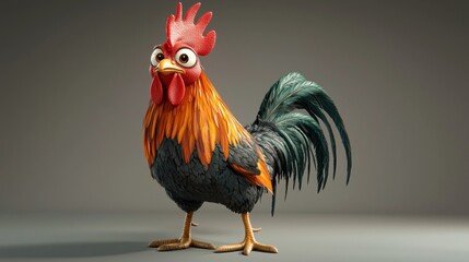 Cartoon rooster, studio shot, curious expression, simple background